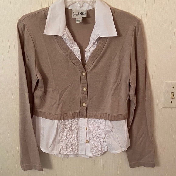Joseph Ribkoff Taupe and White Ruffle Button Down Shirt - Picture 1 of 6